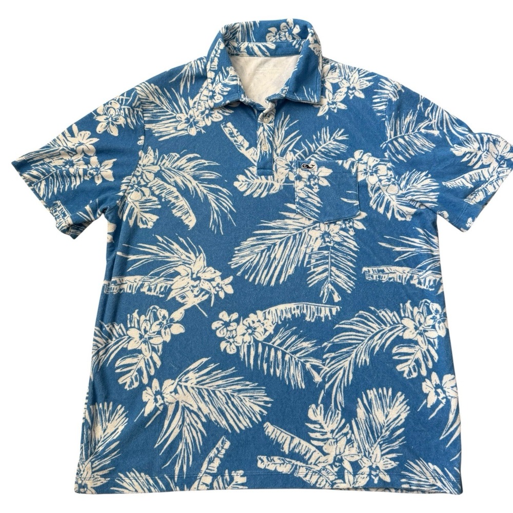 Vineyard Vines Terry Cloth Polo Shirt Men's Size Large Blue Hawaiian Floral L